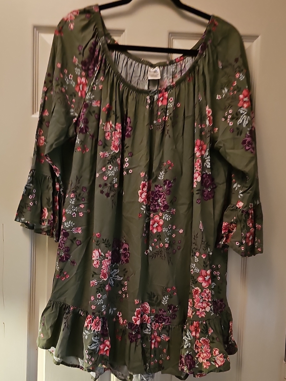 Terra & Sky Olive Green Floral Ruffle Tunic